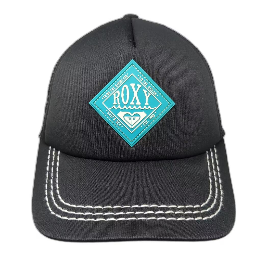 Roxy Trucker Hat Black Blue One Size Snapback Foam Floral Underbrim Stitching